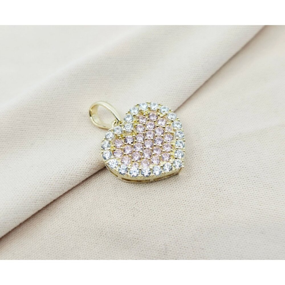 Unique 10K Karat Solid Yellow Gold Designer 3D Heart Iced Pink CZ Charm Pendant